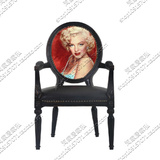美式实木黑色圆背扶手餐椅布艺个性人物图案沙发椅法式书椅定制