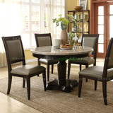 美式实木圆桌简约餐桌欧式雕花圆形大理石餐台真皮餐桌椅组合特价