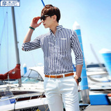 夏装新款潮流男士条纹短袖衬衫纯棉七分袖衬衣薄韩版修身中袖寸衫