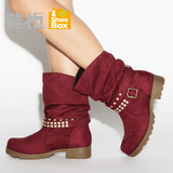 达芙妮旗下Shoebox 鞋柜女鞋马丁靴时尚柳钉方跟中筒靴1113505022