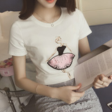 A哚啦2016春装女装新款韩版修身 百搭卡通女孩短袖棉打底T恤9824