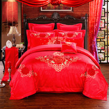 维科家纺贡缎提花四件套全棉大红刺绣结婚床上用品四六八十多件套
