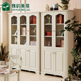 韩式田园书柜实木白色书柜带玻璃门自由组合置物架展示柜书房家具