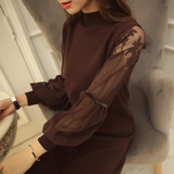 2015秋冬女装韩版蕾丝灯笼袖针织衫毛衣女套头中长款打底衫连衣裙