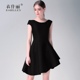 衣什丽夏季欧美女装黑色斜肩连衣裙 不规则不对称高腰小礼服裙