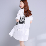 2016夏季新款韩版宽松休闲中长款七分袖衬衫印花打底白色女衬衣