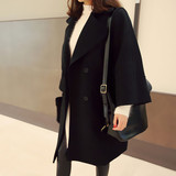 新款韩版黑色中长款毛呢外套女宽松双排扣九分袖茧型羊绒大衣春秋