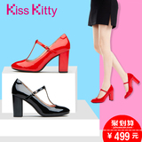 Kiss Kitty专柜女鞋2016秋新款名媛T字带牛漆皮复古玛丽珍鞋单鞋