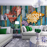 3D立体世界地图大型壁画蓝色木板酒吧壁纸客厅沙发电视背景墙纸