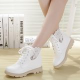 韩版2016夏季新款短靴蕾丝内增高白色女鞋子系带时尚单鞋平底鞋潮