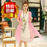 2016夏季新款民族风女装裙子中国风水墨印花棉麻连衣裙两件套长裙