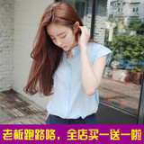 夏季小清新休闲女韩范学院风棉麻白衬衫学生修身短袖立领亚麻衬衣