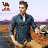 Camel/骆驼男装春款新款棉质扣领尖领几何微弹长袖衬衫衬衣男