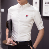 夏季韩版花衬衫修身型男五分袖衬衣男短袖纯棉中袖夜店发型师寸衫