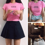 韩版夏季新款韩版街头百搭骚粉字母印花原宿风短款AA款短袖T恤女