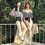 2016韩国新款抹胸大荷叶边女分体泳衣小胸高腰遮肚显瘦百搭比基尼
