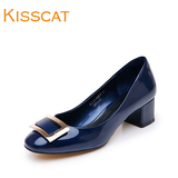 KISSCAT接吻猫秋新品圆头浅口方跟单鞋通勤牛皮女中跟鞋