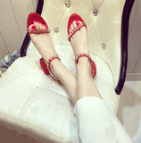 2016夏季新款欧美露趾铆钉粗跟中跟罗马一字搭扣时尚红色结婚凉鞋