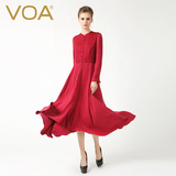 VOA高端红色拼接重磅真丝长款女士风衣外套单排扣修身长袖F6365