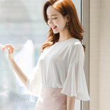 雪纺衫短袖2016女夏装新款韩版宽松甜美荷叶边喇叭袖女士上衣T恤