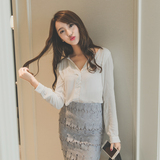 2016夏季新款韩版雪纺女宽松直筒V领白衬衫女性感微透长袖衬衣