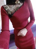 秋冬韩版新款修身旗袍领蕾丝中长款打底衫长袖针织包臀性感连衣裙