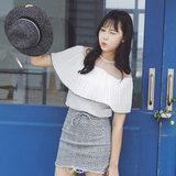 2016夏季韩版新款套头圆领性感透视网纱拼接雪纺衫压褶荷叶边上衣