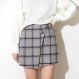 2015韩版不规则半身裙 冬季显瘦格子纽扣短裙高腰不对称A字裙加厚