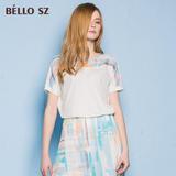 bello sz贝洛安专柜正品2016夏装新款纯棉拼接圆领宽松短袖T恤女