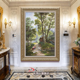 轩色 欧式手绘油画 树林风景别墅玄关楼梯过道竖版有框装饰壁画