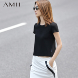 Amii2016新款短袖t恤女修身打底衫拼雪纺弹力T恤夏装大码女装上衣