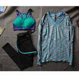 卫衣罩衫外套长裤文胸套装女子跑步运动瑜伽服三件套健身速干长袖