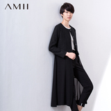 Amii2016春装新款女装圆领毛呢拼接雪纺摆可拆过膝长款直筒外套女