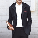 青年男士西服韩版修身中长款风衣连帽上衣休闲商务纯色外套小西装