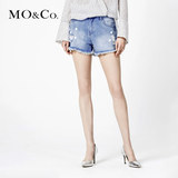 MO&Co.洗水破洞蘑菇钉珠流苏短裤 高腰牛仔裤短款MA162JEN09 moco
