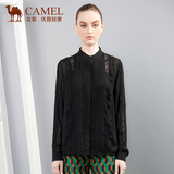 Camel/骆驼女装长袖甜美黑色短款上衣纯色开衫雪纺衫