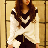 超值 韩国代购正品女装新 黑白撞色条纹 气质大V领蝙蝠袖宽松衬衫