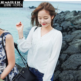 韩国官网正品代购女装2016夏季新款韩版系带简洁纯色长袖衬衫CO
