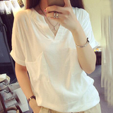 夏装新款2016韩版潮宽松加大码女装短袖T恤女士衬衣休闲棉麻衬衫