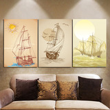 欧式地中海风光手绘帆船图案三联无框壁画 休闲吧旅行社装饰挂画