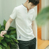 夏季日系潮牌男士立领修身半袖男装休闲亚麻料棉麻T恤男短袖韩版