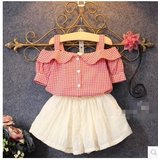 韩版夏季女童套装 儿童小香风短袖格子露肩衬衫半身短裙两件套潮