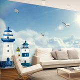 3D地中海风格油画灯塔蓝天云海餐厅客厅电视背景墙壁纸儿童房墙纸