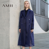 Amii2016秋新款西装翻领复古透视欧根纱双排扣长款女风衣外套