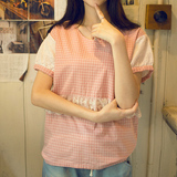 短袖t恤女夏款 韩国宽松格子蕾丝拼接纯棉体恤微米家的百搭上衣服