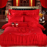 婚庆大红床品床单结婚蕾丝韩式风新婚4-6-8贡缎床上用品