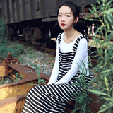 韩国2016秋装条纹口袋背带连衣裙吊带裙长袖T恤两件套休闲套装