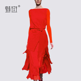 魅斑2016春装新款欧美大码女装长袖红色优雅打底流苏连衣裙中长款