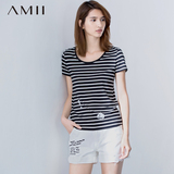 Amii极简女装夏季修身显瘦细条纹大码黑白短袖T恤女百搭休闲体恤