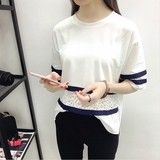 2016韩版夏装新款镂空蕾丝拼接t恤女短袖棉中长款体恤修身打底衫